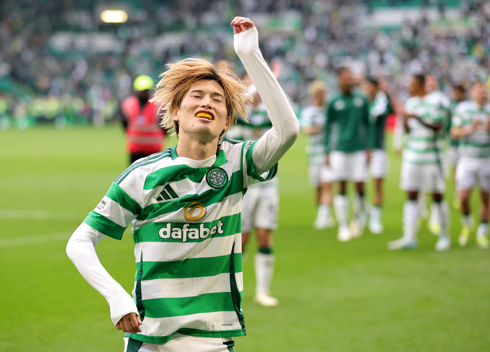 Kyogo Furuhashi celebrates