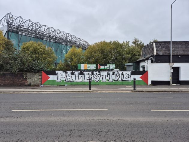 Palestine banner outside of Celtic Park