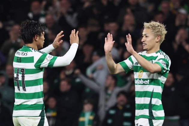 Daizen Maeda reacts to Celtic’s win over St Johnstone Reo Hatate and Daizen Maeda