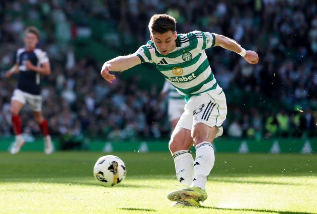 Kieran Tierney of Celtic scores