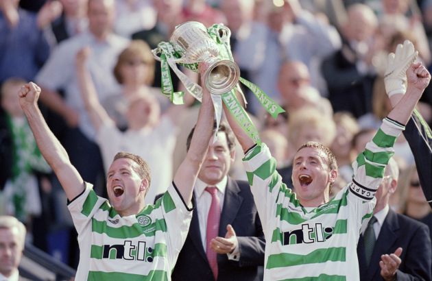 Paul Lambert and Tom Boyd lift the Scottish Cup in 2001