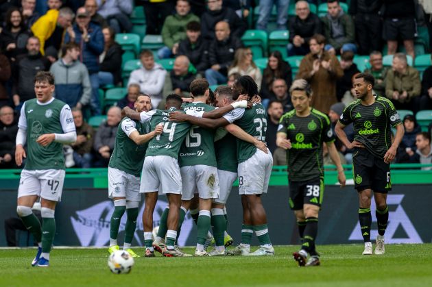 Hibs goalscorer should have been penalised for handball Joe Newell scores for Hibs against Celtic.