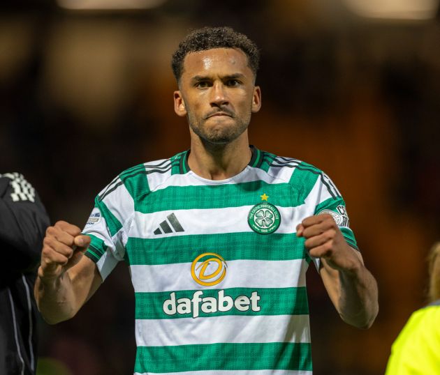 Auston Trusty celebrates. Motherwell 2-3 Celtic.