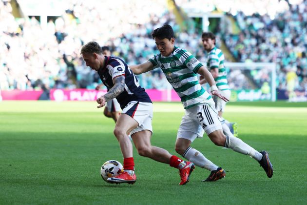 Calvin Miller of Falkirk is challenged by Yang Hyun-Jun of Celtic