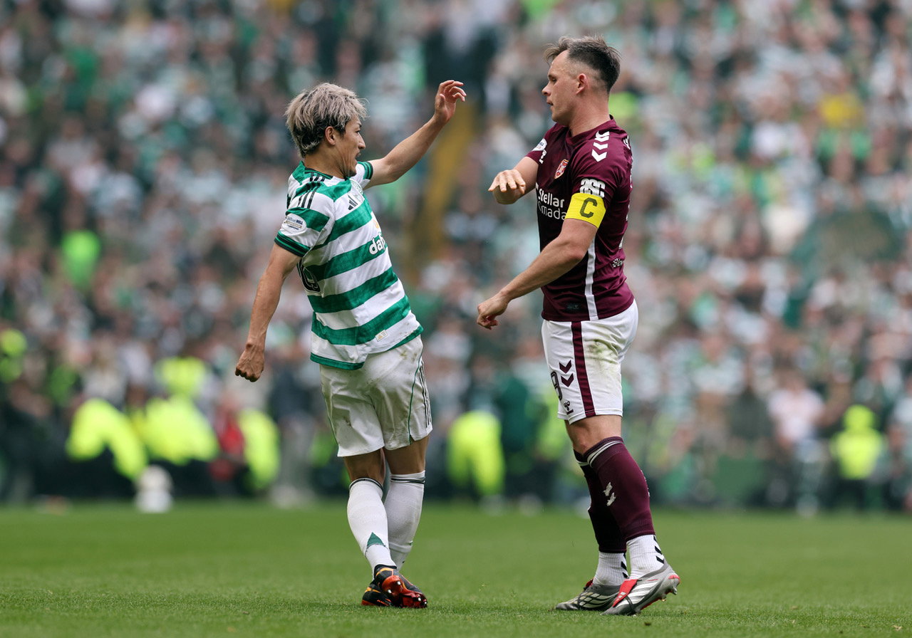 Daizen Maeda of Celtic and Lawrence Shankland of Hearts