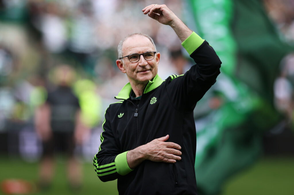 Martin O'Neill celebrates Scottish Premiership title victory.
