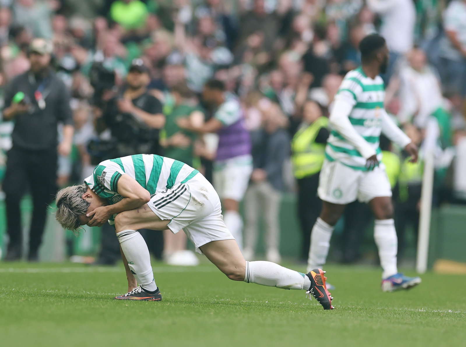 Daizen Maeda of Celtic reacts 