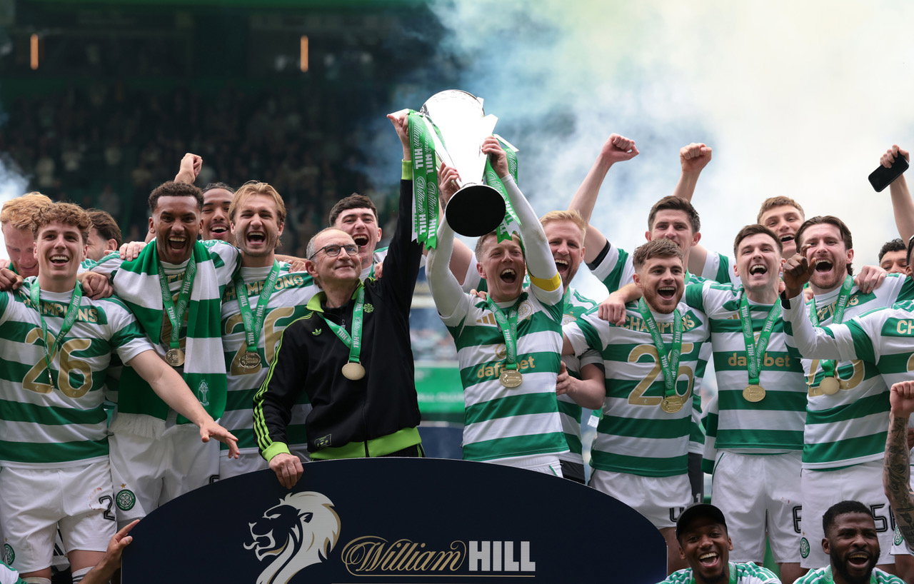 Martin O'Neill celebrating title victory.