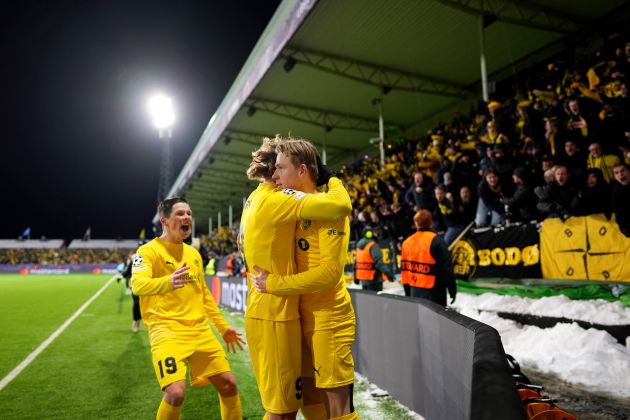 Jens Petter Hauge of Bodo/Glimt celebrates scoring his team's second goal with teammate Kasper Hogh