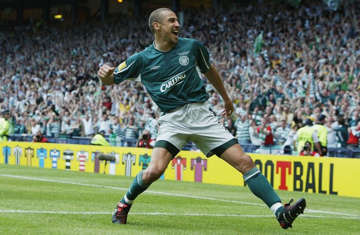 Celtic's King of Kings Henrik Larsson celebrates during 2004 Scottish Cup Final win over Dunfermline.