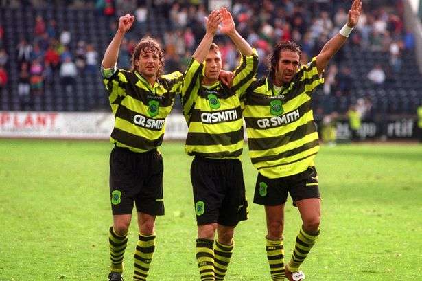Jorge Cadete, Andy Thom and Paulo Di Canio of Celtic 
