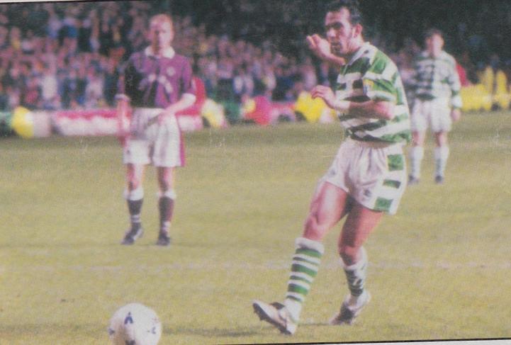 Paulo Di Canio scores against Hearts from the penalty spot.