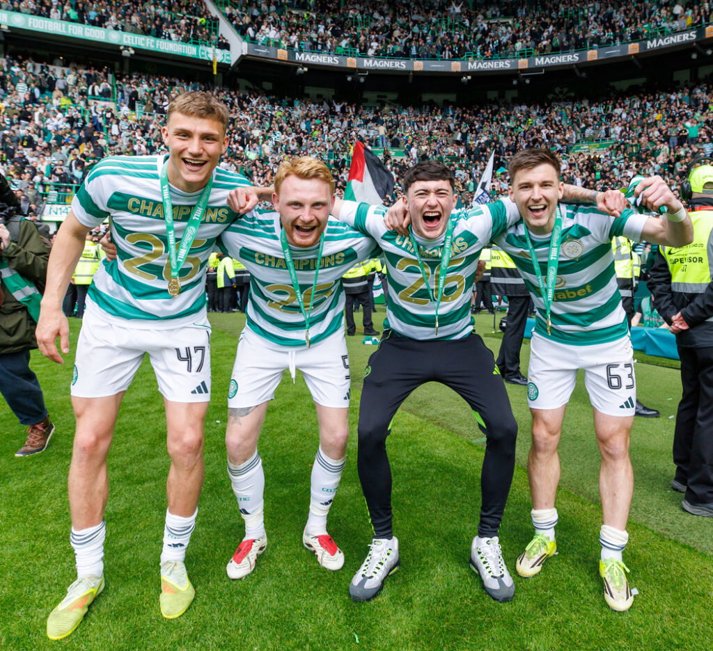Dane Murray, Liam Scales, Colby Donovan and Kieran Tierney celebrate.