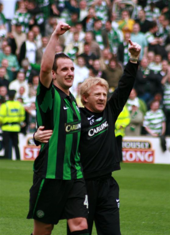John Kennedy and Gordon Strachan celebrate Celtic's title win at Rugby Park.