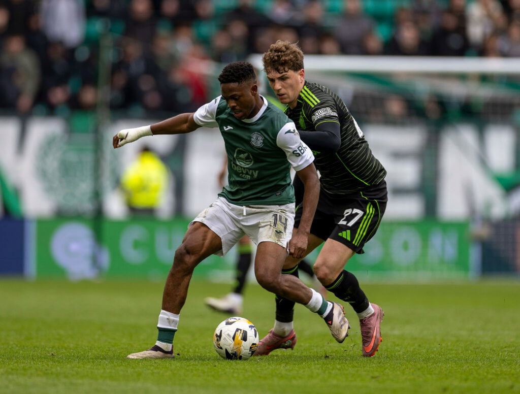David Gray makes Hibs transfer stance clear amid Celtic’s Miguel Chaiwa interest Arne Engels of Celtic challenges Miguel Chaiwa of Hibernian