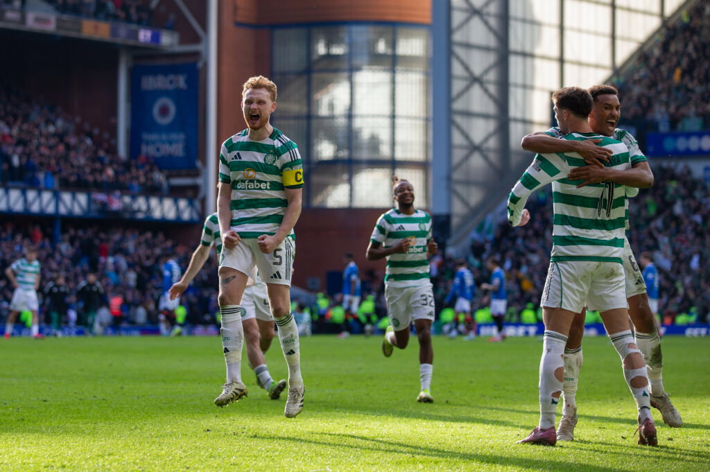 Liam Scales celebrates at Ibrox