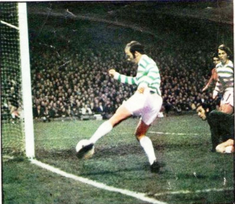 Harry Hood crosses for Kenny Dalglish to score. The goal is ruled out as the ball was deemed to be out of play. 