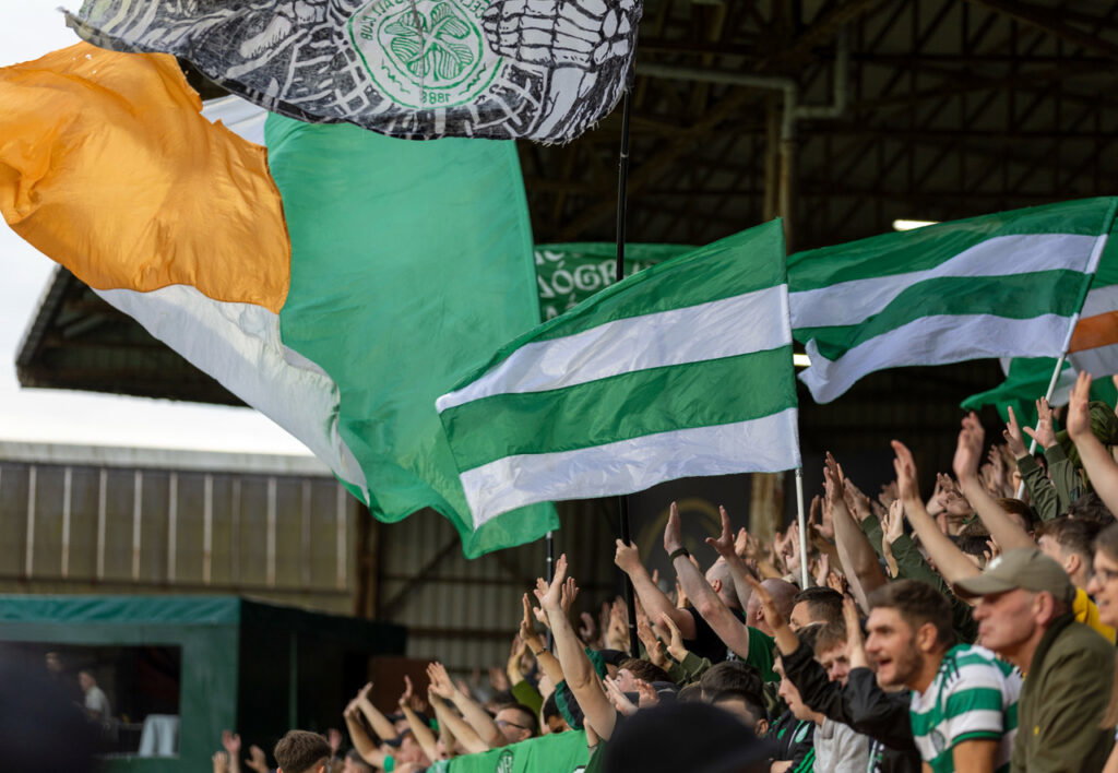 Financial consequences from Celtic Champions League playoff with LASK Celtic flags at Tannadice