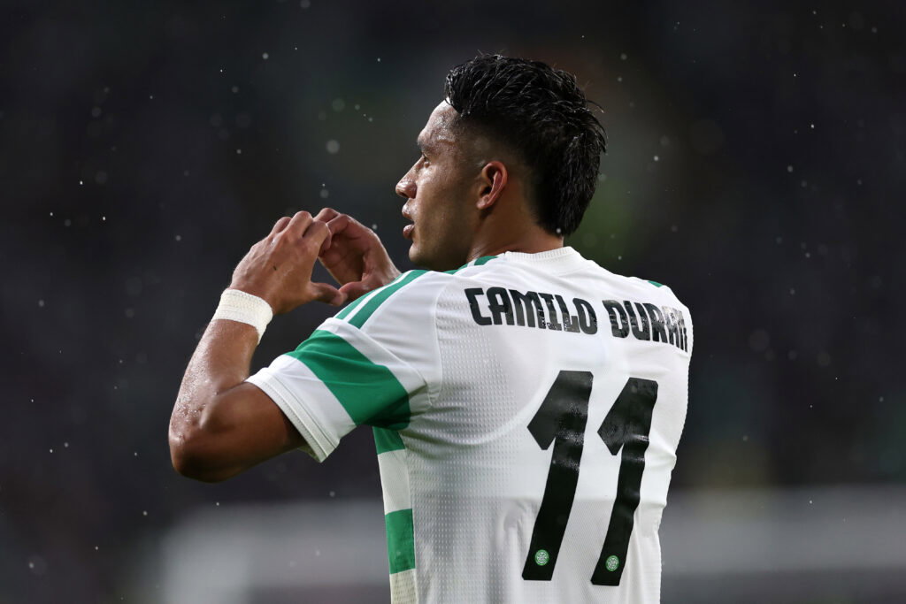 Scintillating performance leaves Celtic within touching distance of Champions League Camilo Duran of Celtic celebrates
