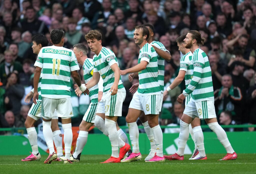 Benjamin Nygren of Celtic celebrates