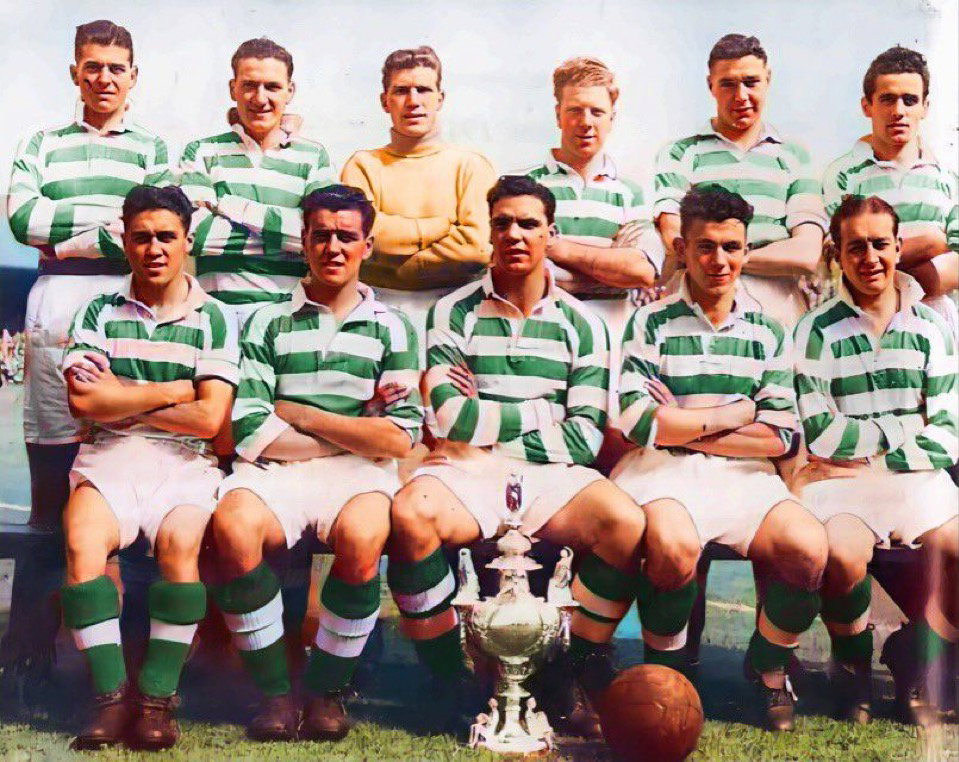 The winning Celtic team with the 1950 Glasgow Charity Cup.Skipper John McPhail is front and centre with the trophy.